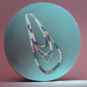 Multicolor Faux Pearl Beaded Necklace With Silver Toned Metal Chain and Findings